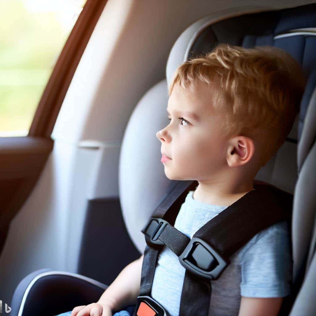 A boy sitting in a 5-point harness car seat, looking out the window on the right side