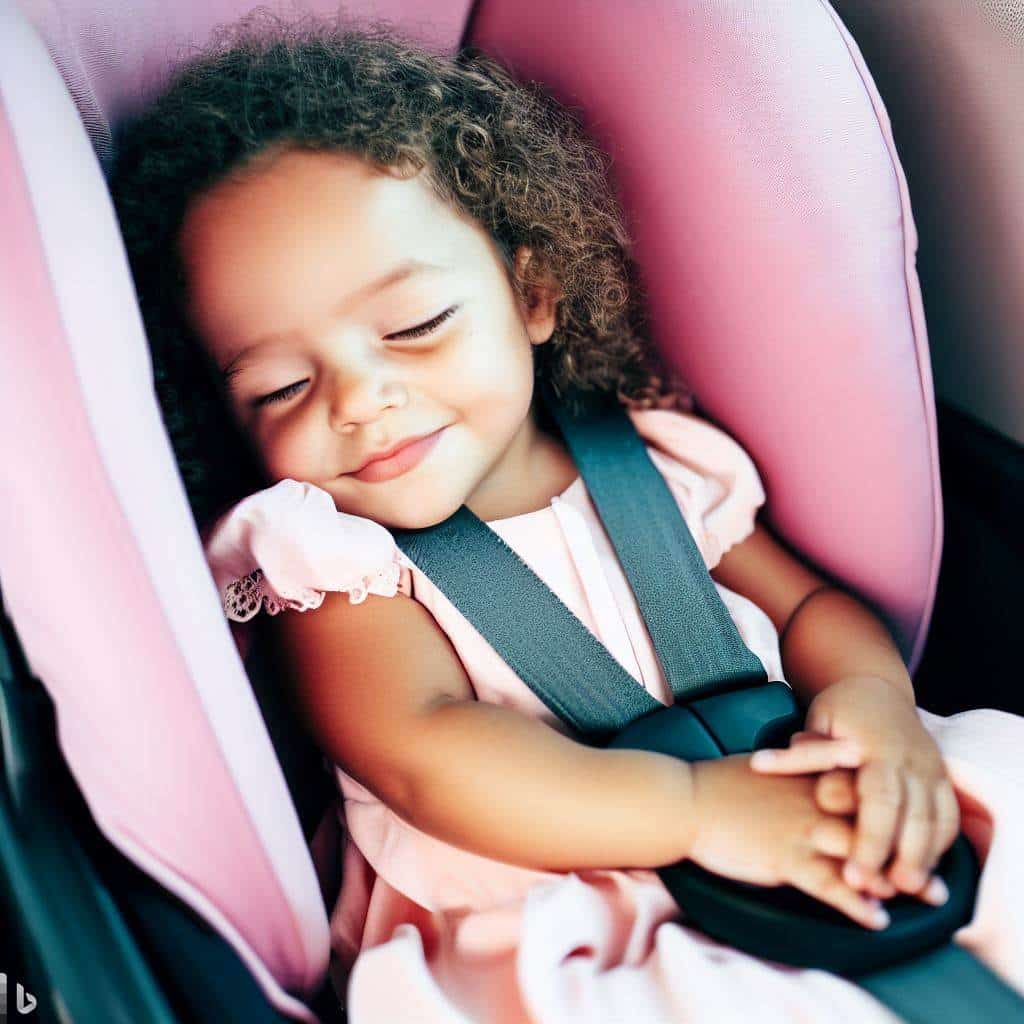 A girl with a peaceful smile sleeping in a car seat 